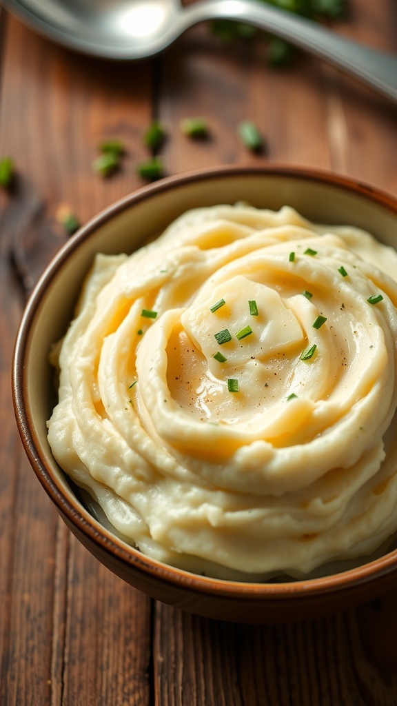 A bowl of creamy mashed potatoes with butter and chives on a rustic table.